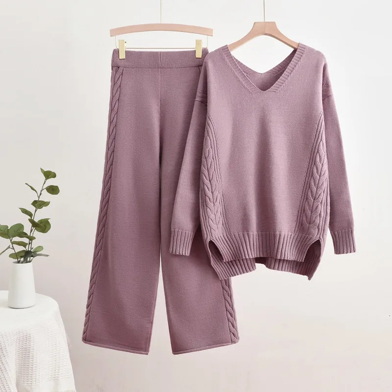 Casual Solid Knitted 2-piece Womens V-neck Long Sleeve Sweater Pullover Top Conjuntos High Waist Wide Leg Pants Set 241010