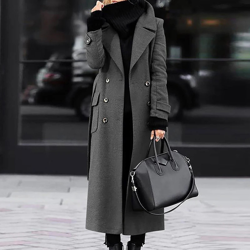 Temperament Lady Pocket Belt Trench Coat Fall Winter Solid Lapel Long Wool Fashion Warm Button Women Overcoat 240930