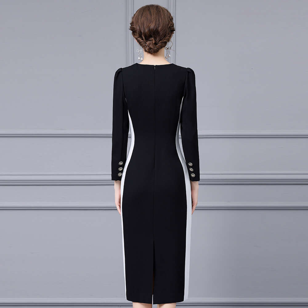 Black and White Contrast Splicing Tight Bag Hip Skirt High end Exquisite Figure Showing Acetate Dress 2024 Autumn New Collection