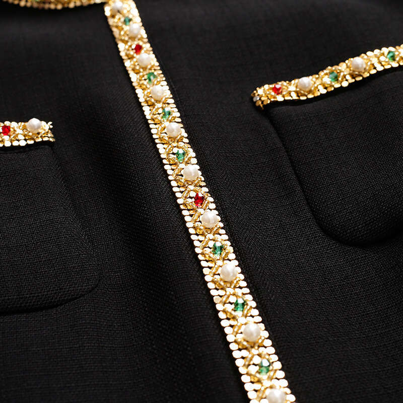 French Beautiful Dress 2024 New Hepburn Black Long sleeved Coat Heavy duty Nail Diamond Wrapped Hip Skirt