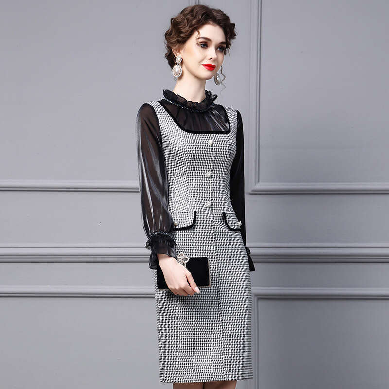 French Dress 2024 Autumn New Style High end Wood Ear Standing Collar Nail Bead Temperament Bag Hip Skirt