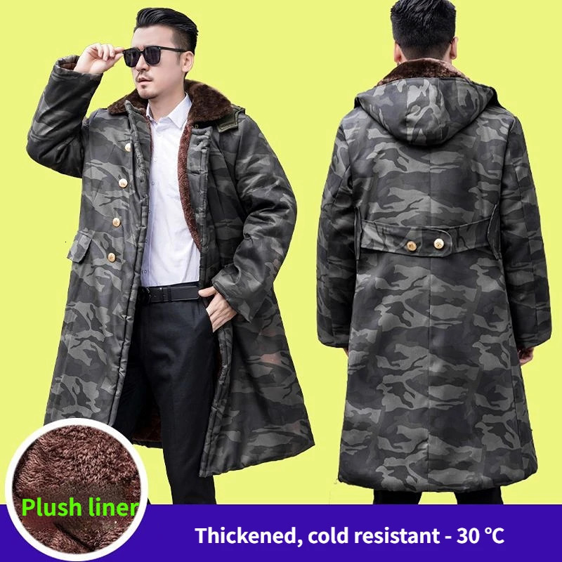 Men Winter Heavy Jacket Padding Long Overcoat Heated Hooded Fleeced Clothing Cold Proof Waterproof Labor Thick Camouflage Parkas 241010