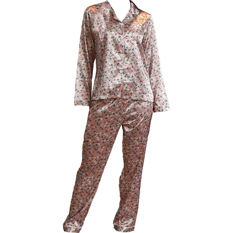 Two piece set of womens sleepwear autumn and winter long sleeved pants leaf pattern printed home clothing 241011