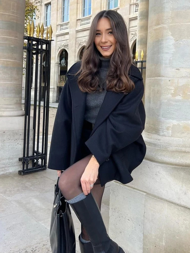 Fashion Lapel Woolen Jacket For Women 2024 Spring Single Breasted Long Sleeve Coats Female Elegant Oversized Chic Street Outwear 240930