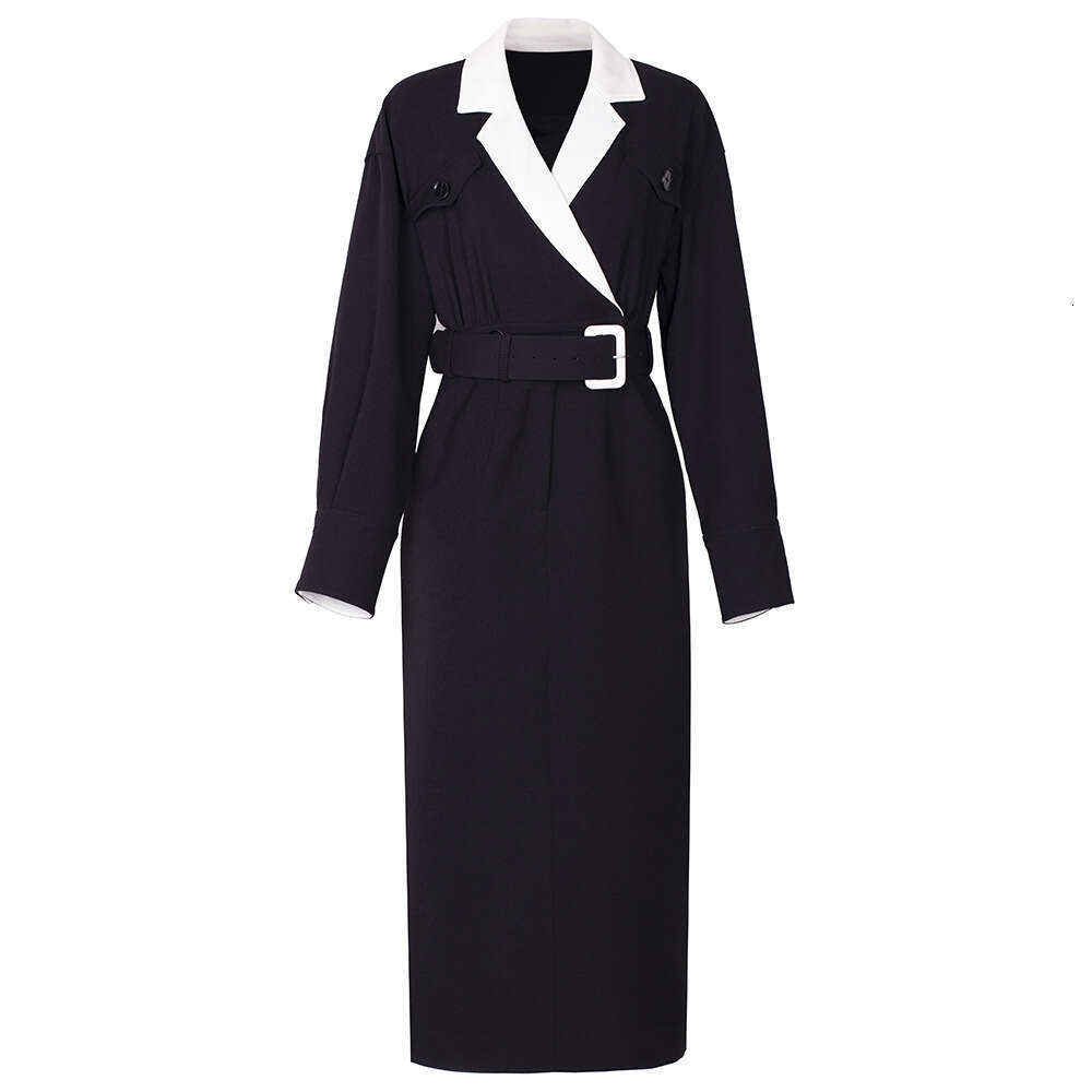 high-end sense contrasting color splicing waist cinching slimming suit collar temperament windbreaker dress 2024 autumn new item