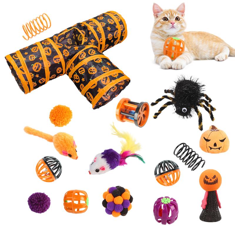 Cat 3 Tunnel Toys Set Halloween 3-Way Tunnel Toy Channel Set Bell Ball Tease Cat Toy Set For Kitten Rabbit Indoor Cats