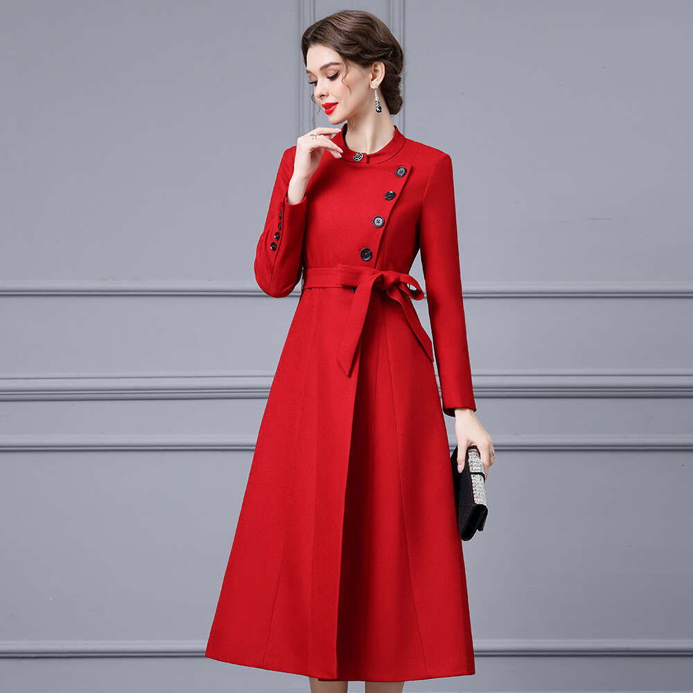 single breasted waist cinching lace up A-line large swing windbreaker dress 2024 autumn new style temperament goddess style