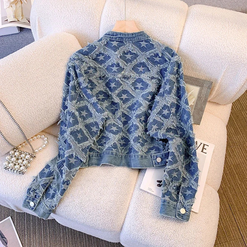 Little perfume Y2k Jacket Crop Top Tassel Star Print Single Breast Denim Coat Autumn Full Match n Vintage Womens Wear 240930