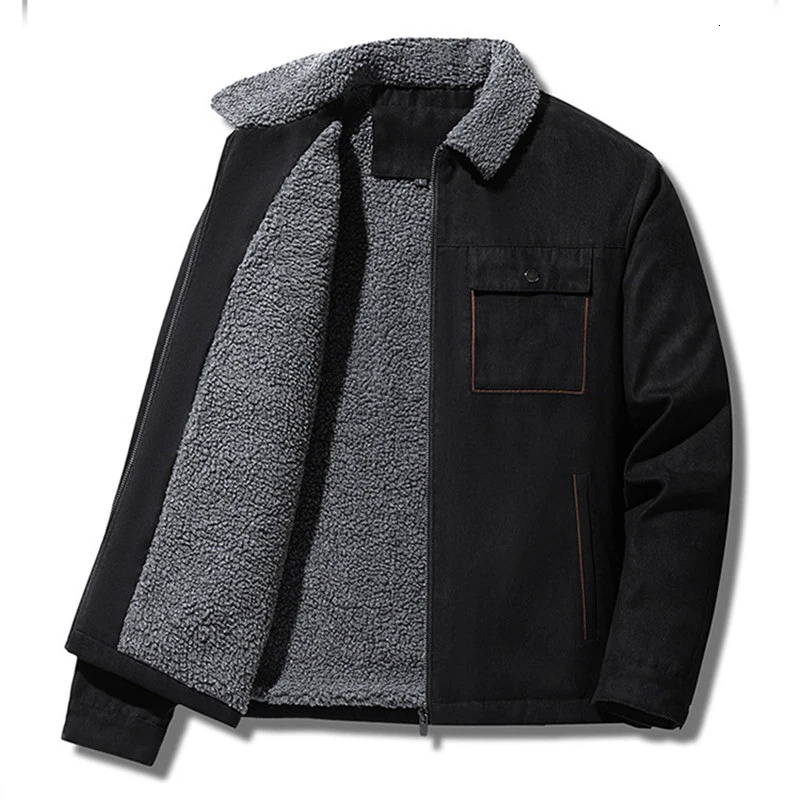 Winter Mens Jackets Suede Warm Fleece Thick Casual Coat Turn Down Collar Windbreaker Zipper Cargo Jacket Coats Men Solid Parkas 241011