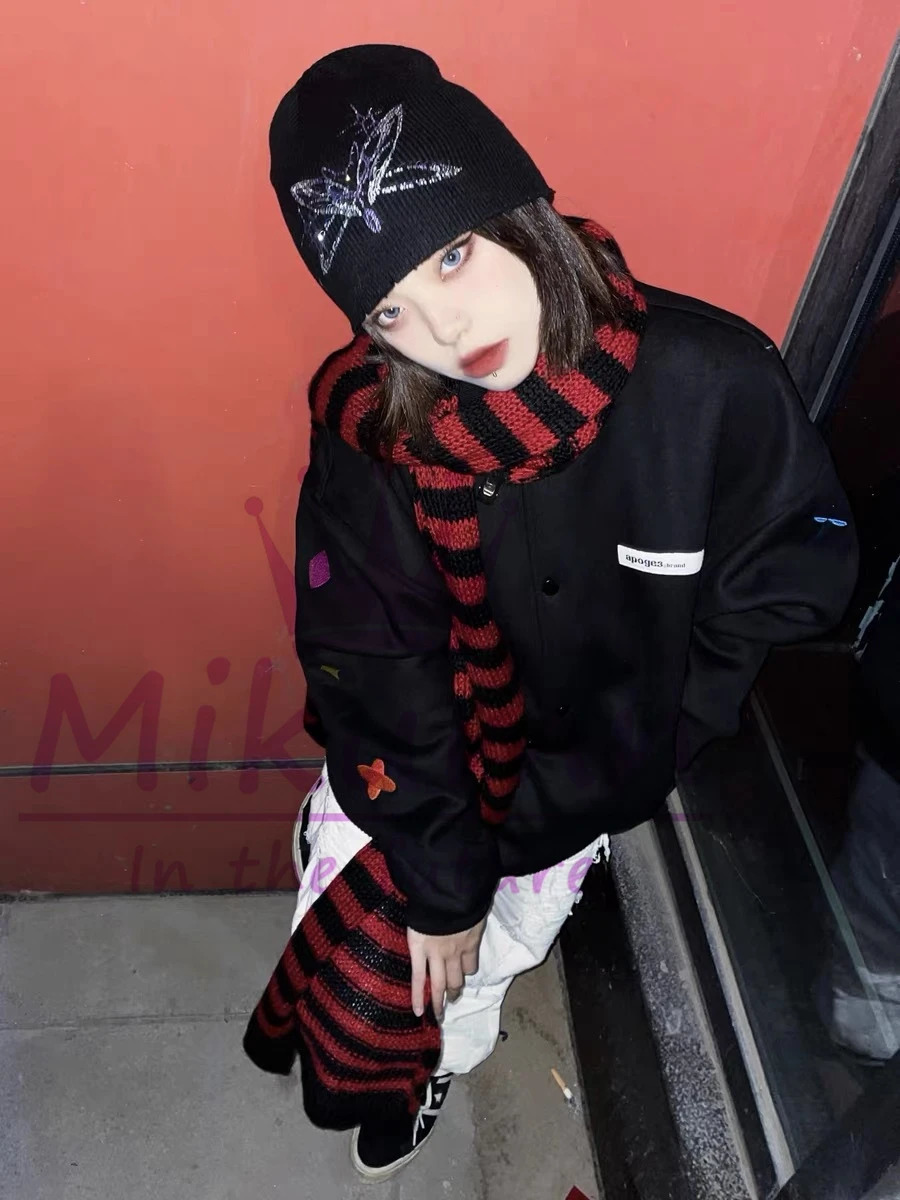 Mikumn Harajuku Punk Fashion Grey Red Black Striped Scarf Women Girl Winter Warm Knitted Scarves Streetwear 241009