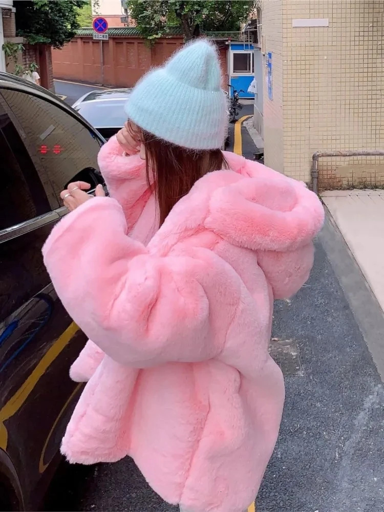 Sweet Pink Fur Coats Womens Winter Thick Warm Street Clothing Korean Street Hoodie Fashion Plush Jacket Coat 241007