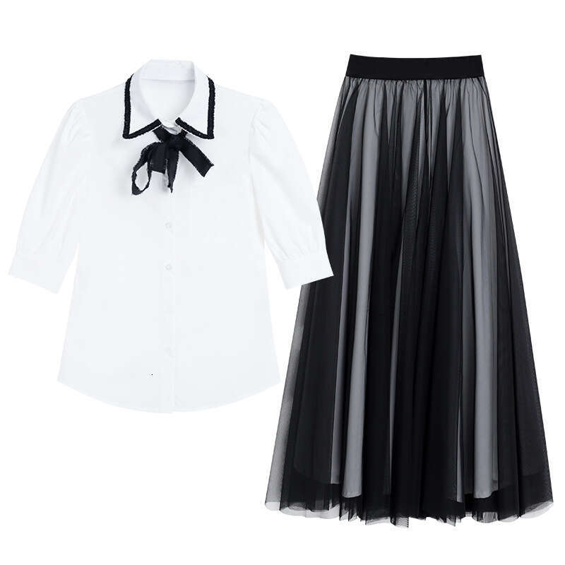 Academy Style 2024 New Summer Dress Tie White Shirt Mesh Contrast Medium length Skirt Two piece Set