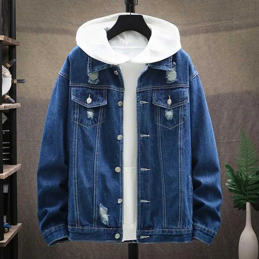 Denim jacket hooded mens fashionable motorcycle jeans mens leather cover cotton casual black blue denim jacket mens outerwear W241011