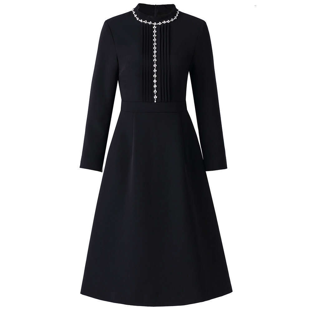 red stand up collar nail bead A-line skirt 2024 new high-end brand long sleeved slim fit dress autumn