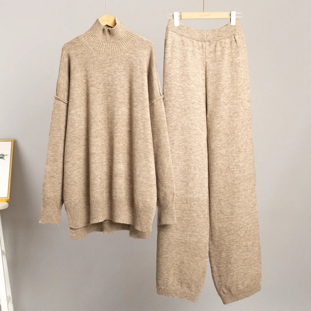 Lazy style high neck knitted sweater Troust set for autumn and winter womens casual elastic loose sweater thick knitted pants set 241010