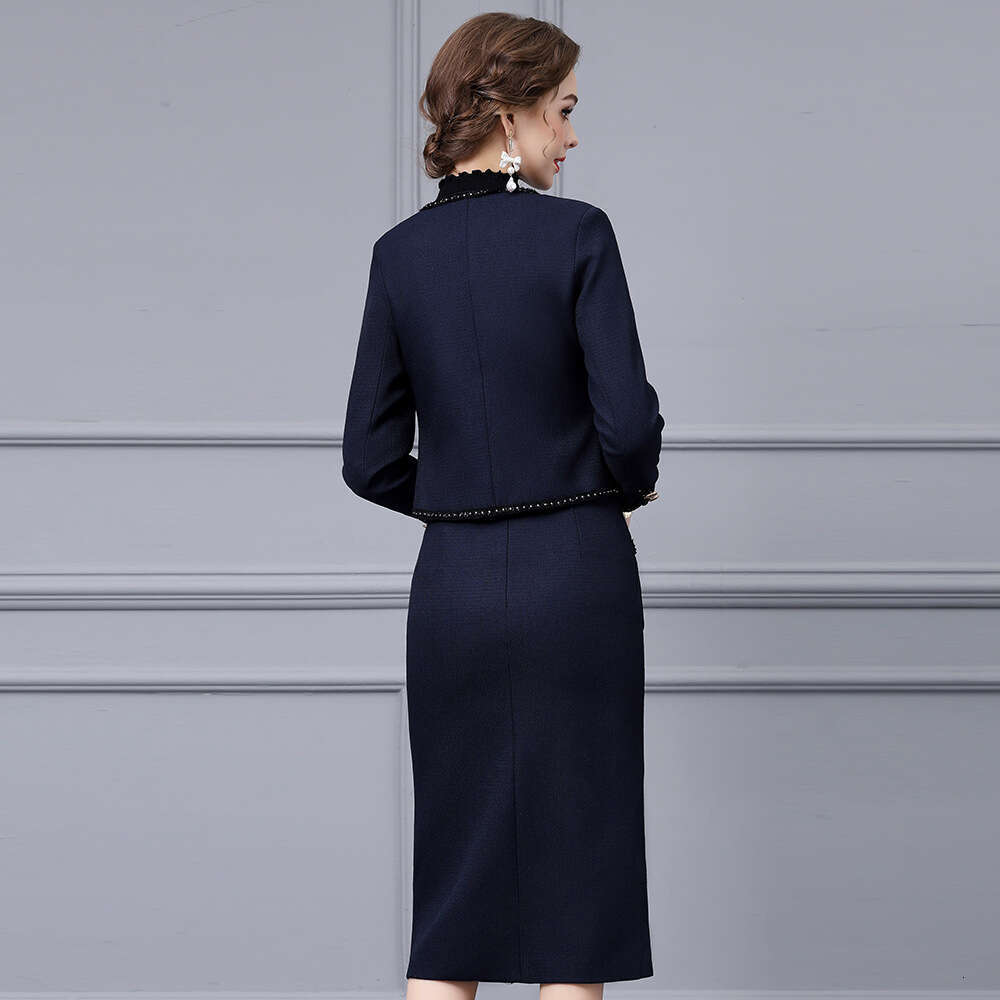 high-end temperament woven ribbon lace V-neck short top jacket with split half body hip hugging skirt two-piece set for autumn