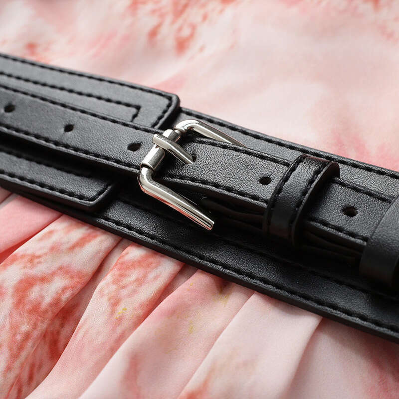 Commuter Slimming Dress 2024 New Womens Summer Mid length Printed Pink Wide Belt A-line Skirt