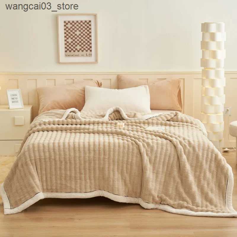 Blankets Swaddling Imitation Rabbit Plush Autumn Winter Warm Bed Blanket Striped Fluffy Warmth Sofa Blankets Soft Absorbent Breathable Nap Blanket L24