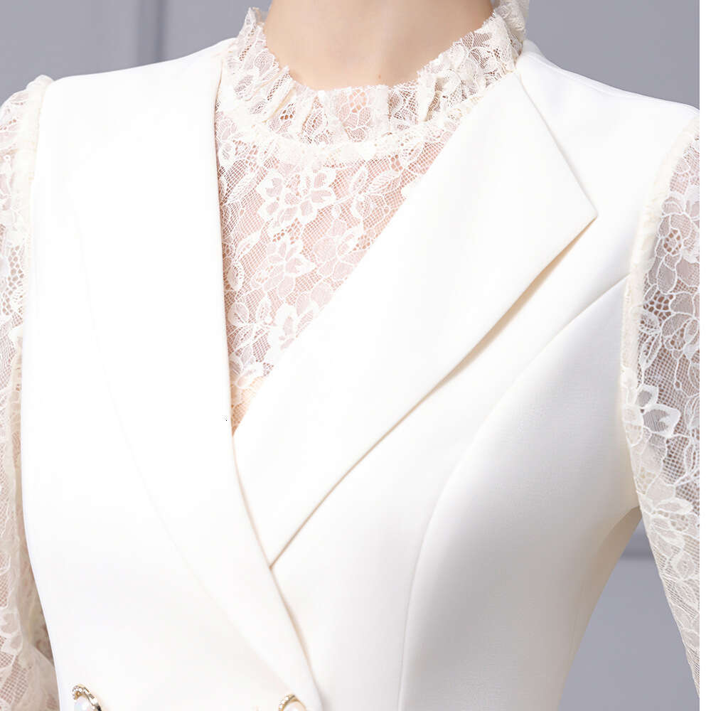 French luxury lace patchwork semi high neck long sleeved suit dress fake two-piece 2024 new autumn collection