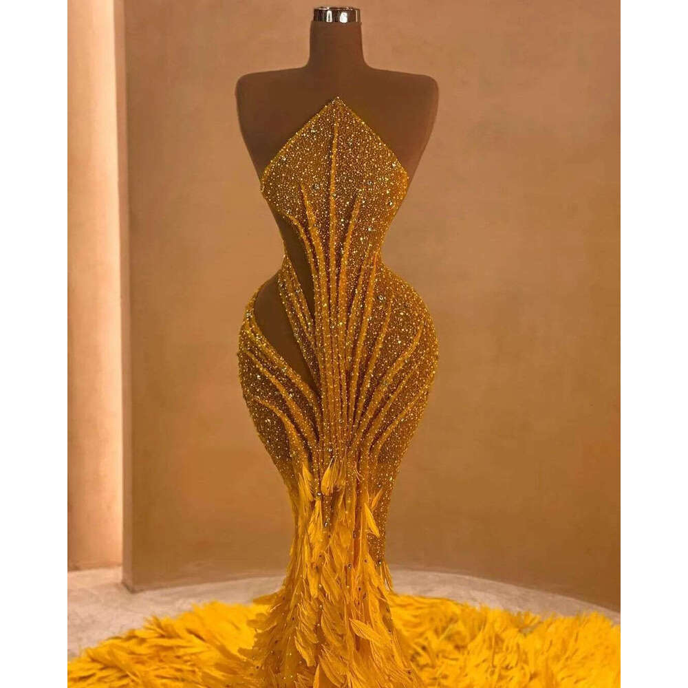 Mermaid Evening Sleeveless Bateau Sequins 3D Lace Sparkly Hollow Beaded Feather Train Prom Dresses Custom Made