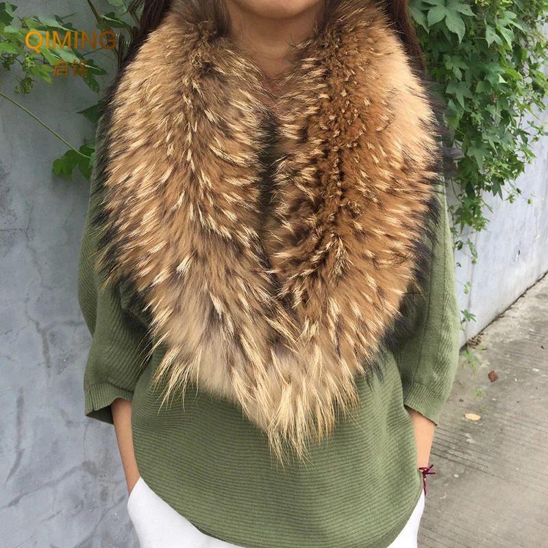 Real Fur Collar Furry Raccoon Fur Scarf Ring Winter Neck Warmer Women Men Jackets Hood Fur Shawl Wraps Fluffy Warm Long Scarf 241009
