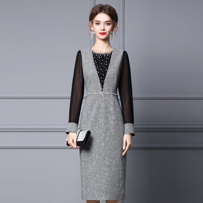 Woolen Dress Autumn New Collection 2024 Splicing Lady Style Formal Occasion Skirt High Waist