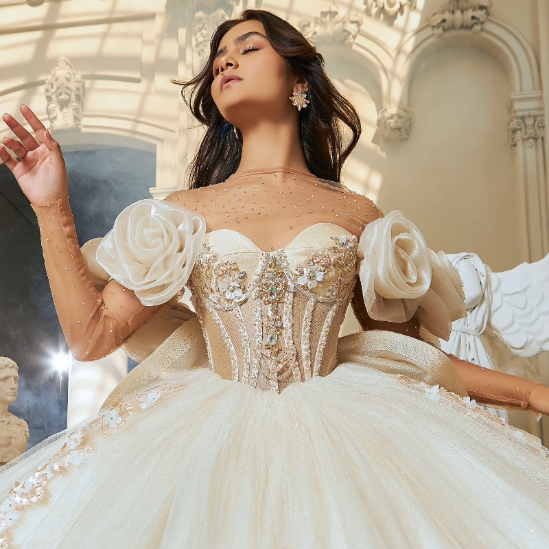 Beige Quinceanera Dresses Ball Gown Off The Shoulder 3D ral Applique Beaded Tull Corset Sweet 16 Dress Vestidos De 15 Anos