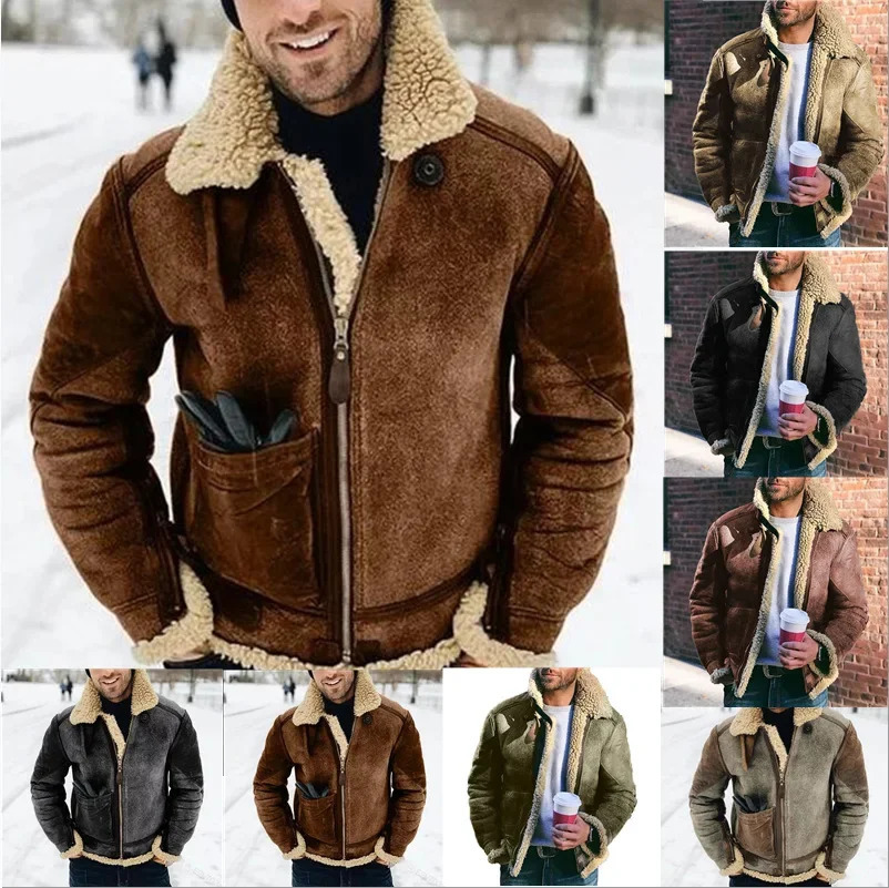 Mens winter faux leather jacket mens casual loose fur collar faux suede leather jacket outdoor thick wool warm jacket 5XL 240930