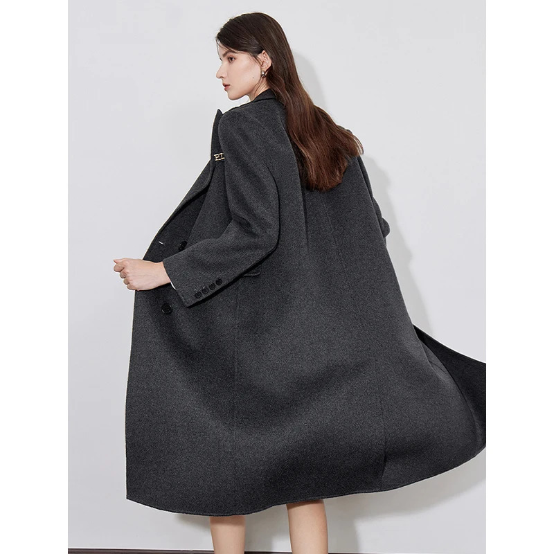 TOYOUTH Women Coat 2024 Autumn Winter 100 Wool Lapel Collar Double Sided Woolen Gray 240930