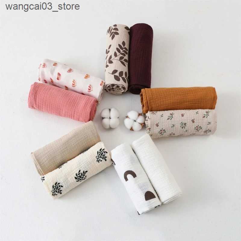 Blankets Swaddling Cotton Swaddle Blanket Baby Blanket Solid Color Floral Print Muslin Diaper Swaddle New Born Crinkle Fabric Born Stroller Cover L240