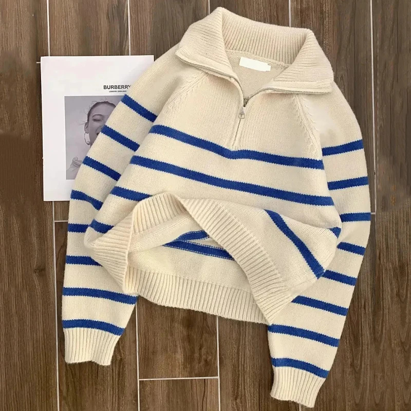 White striped warm womens sweater winter fashion lapel zipper knitted lapel womens loose Korean prefabricated soft knitting jumper 241011