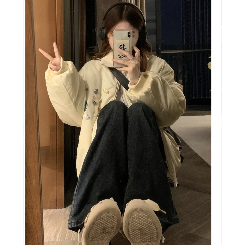 Beige womens clothing jacket top and bottom jacket fashionable streetwear Y2K style American high school winter womens jacket 241009