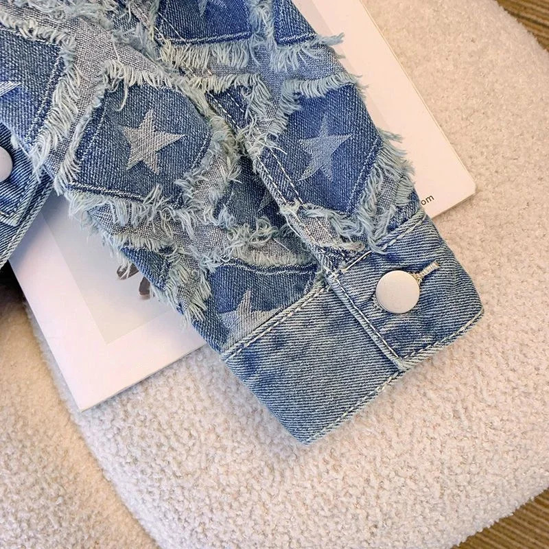 Little perfume Y2k Jacket Crop Top Tassel Star Print Single Breast Denim Coat Autumn Full Match n Vintage Womens Wear 240930