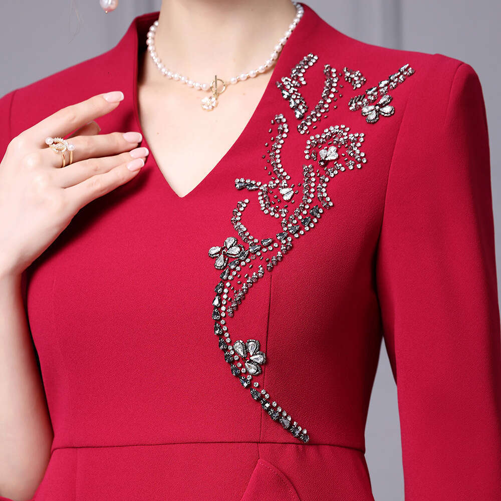 red dignified and atmospheric dress handmade nail bead ruffle edge split hip skirt autumn 2024 new item