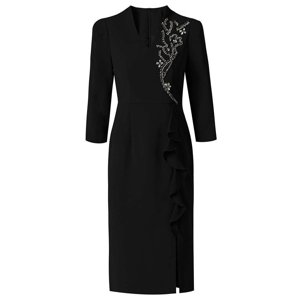 red dignified and atmospheric dress handmade nail bead ruffle edge split hip skirt autumn 2024 new item