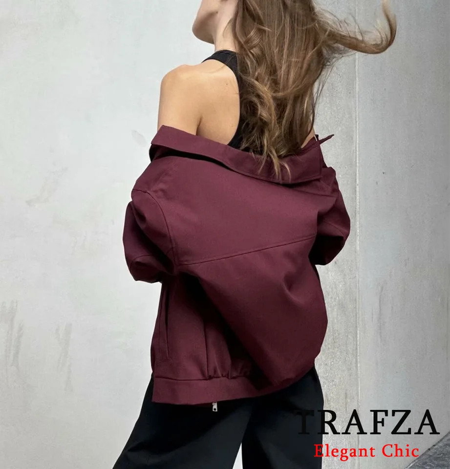 TRAFZAWomen Vintage Loose Lapel Jacket Burgundy Color Zipper Autumn Stylish Versatile Casual 241011