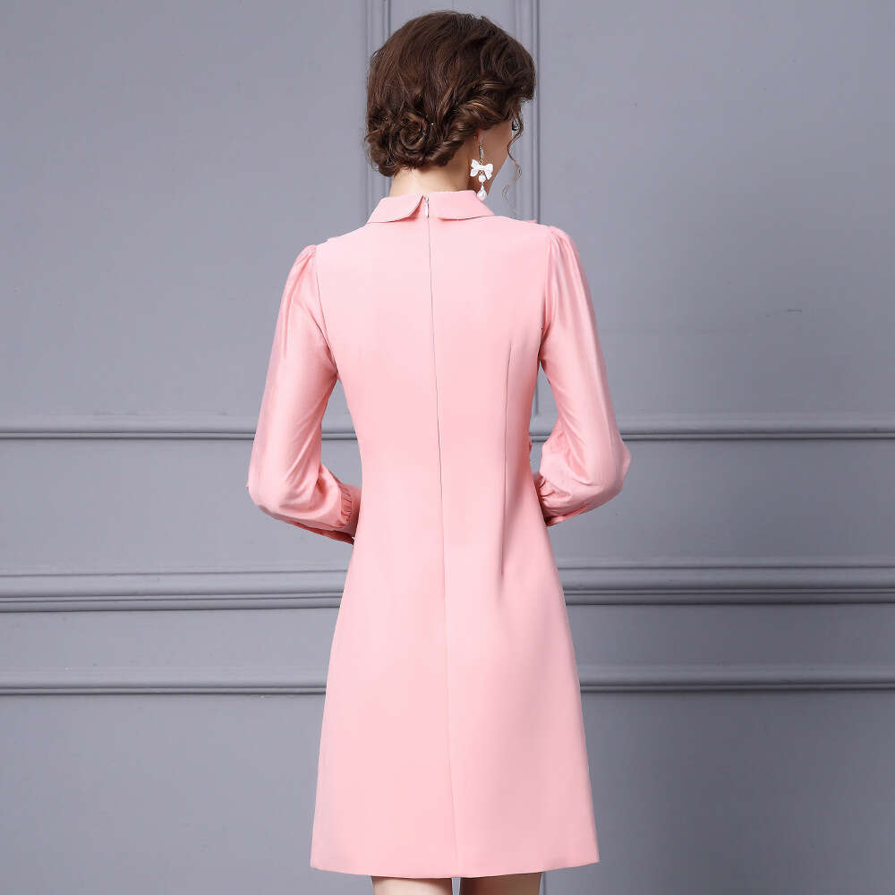 French pleated pink dress with lapel and three-dimensional cutting for slimming effect long sleeved autumn womens clothing 2024 new item