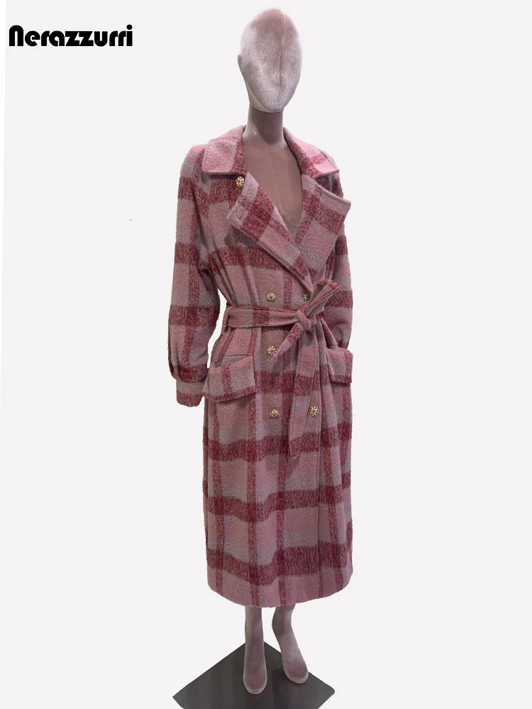 Nerazzurri Autumn Winter Long Oversized Colorful Thick Warm Soft Plaid Woolen Coat Women Double Breasted Wool blends Overcoat 240930