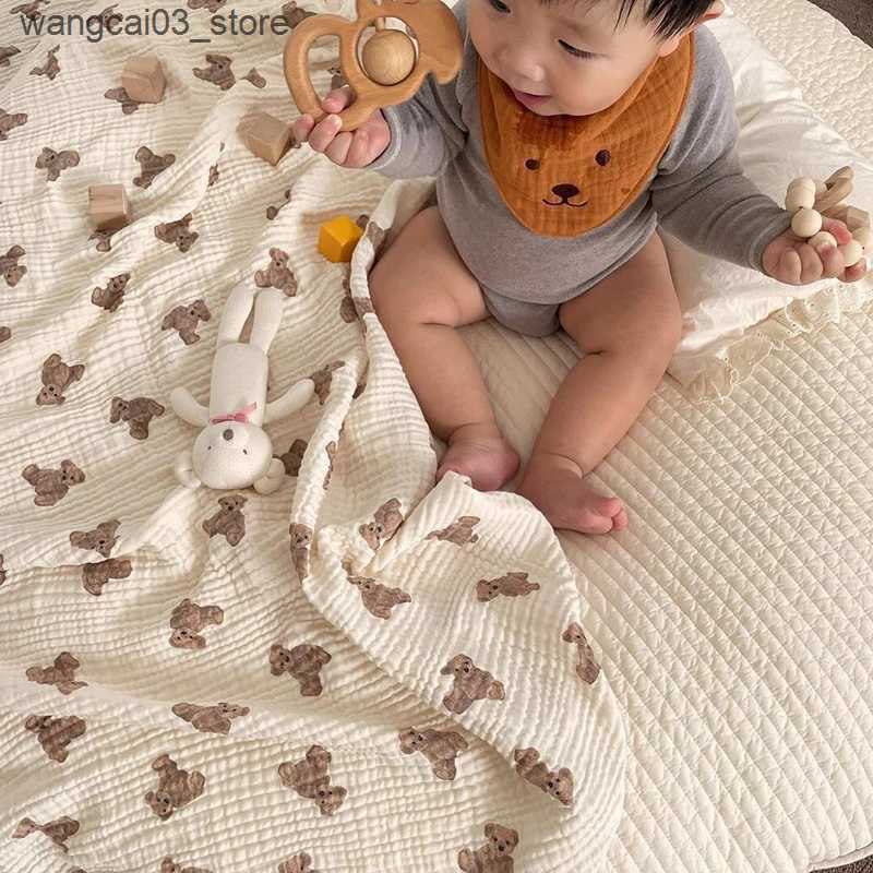 Blankets Swaddling Bear Print Baby Blankets Newborn Muslin Cotton Gauze Swaddle Wrap Bedding Infant Girls Boys Sleeping Blanket Babies Accessories L24
