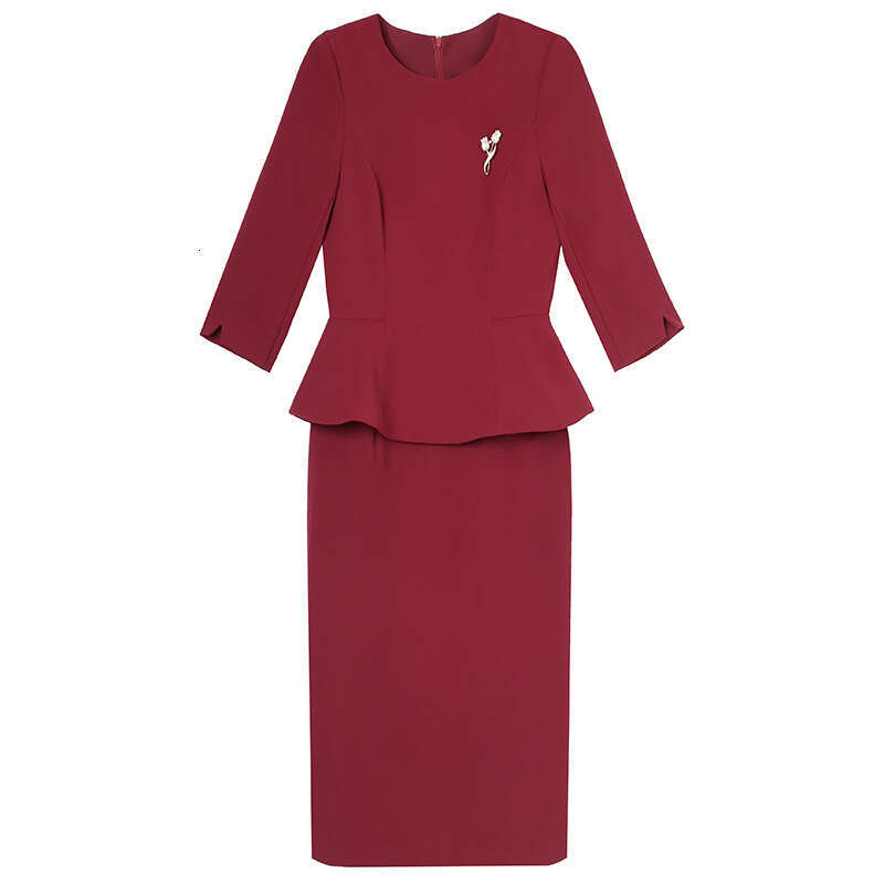 solid color dress 2024 autumn new item high-end fake two piece seven quarter sleeve western-style waist bag and hip skirt