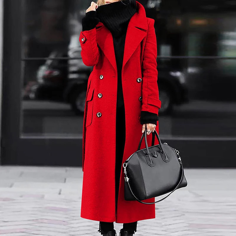 Temperament Lady Pocket Belt Trench Coat Fall Winter Solid Lapel Long Wool Fashion Warm Button Women Overcoat 240930