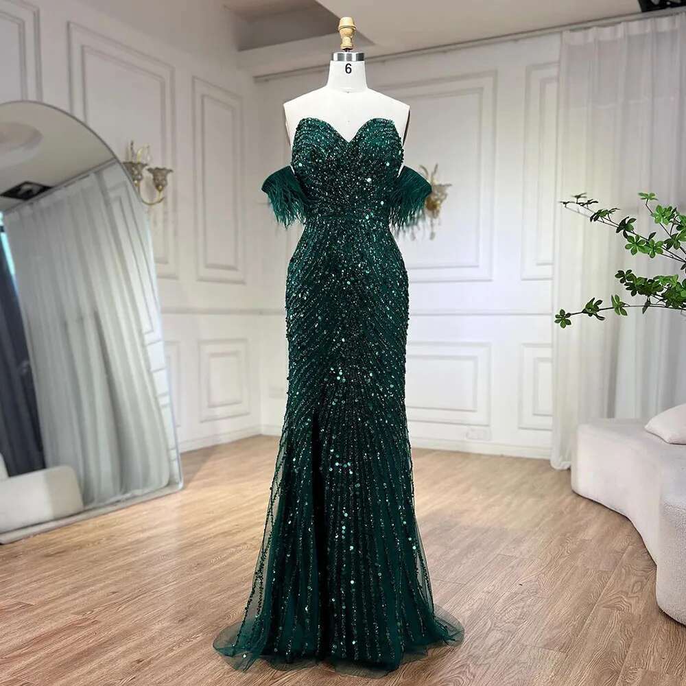 Wasisi Green Mermaid High Split Spaghetti Strap Evening Dresses Feather Beaded Gowns For Women Party ELA72238