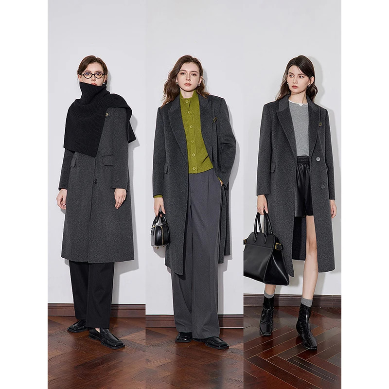 TOYOUTH Women Coat 2024 Autumn Winter 100 Wool Lapel Collar Double Sided Woolen Gray 240930