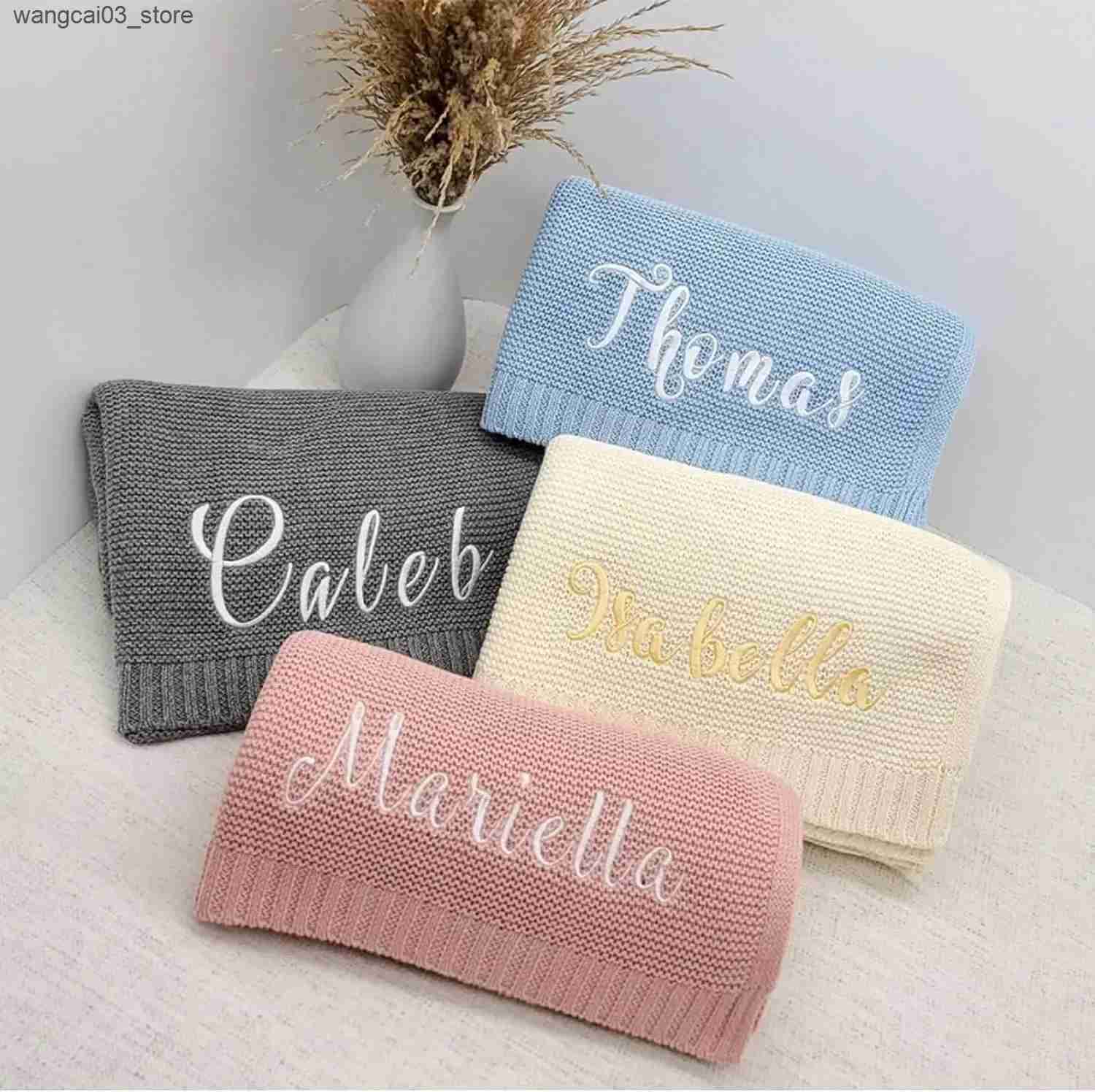 Blankets Swaddling Name Personalised Knit Baby Blanket Custom Toddler Crib Bed Stroller Swaddle for Newborn Birthday Gift Present Mother Kids L240910
