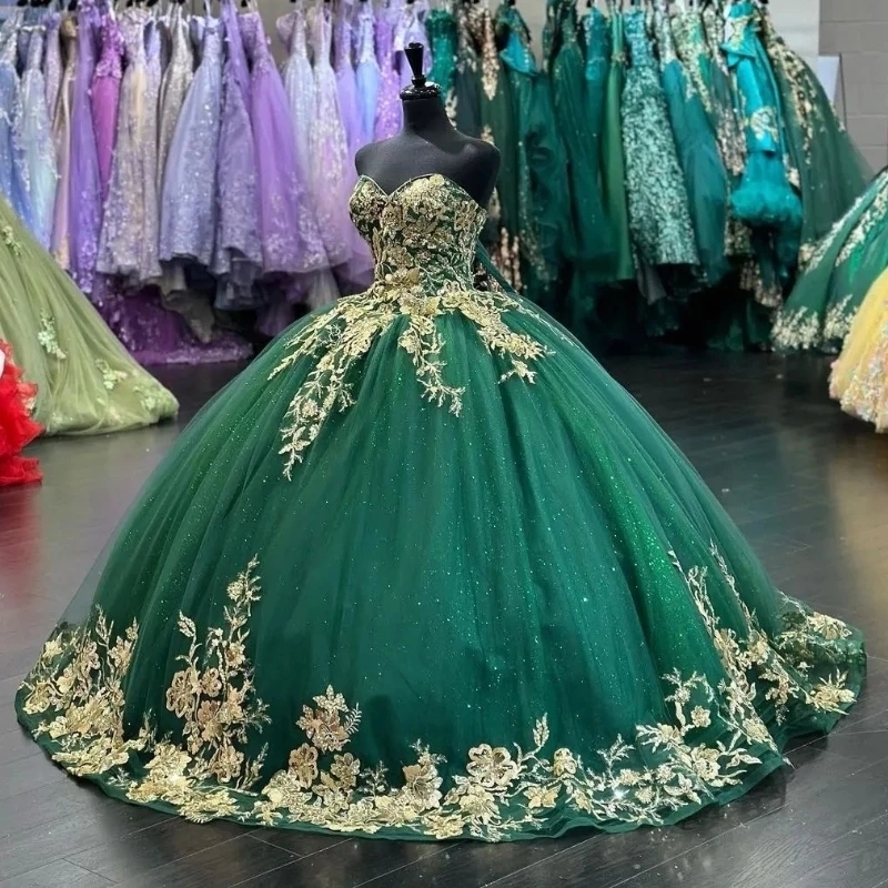 Green Shiny Quinceanera Dresses Sweetheart Ball Gown Princess Birthday Party Gown Gold Applique Lace Sweet 16 Vestidos De 15 Anos