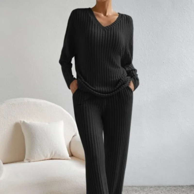Womens autumn and winter set fashionable casual pit stripe wool Vneck top straight pants solid color sweater twopiece 241008