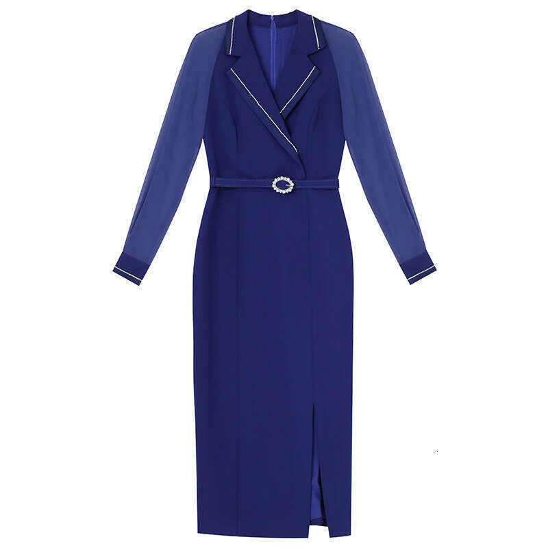 Purple Red Dress 2024 New Womens Autumn Suit Collar Long Sleeve Bundle Belt Concealing Meat Medium Length Skirt