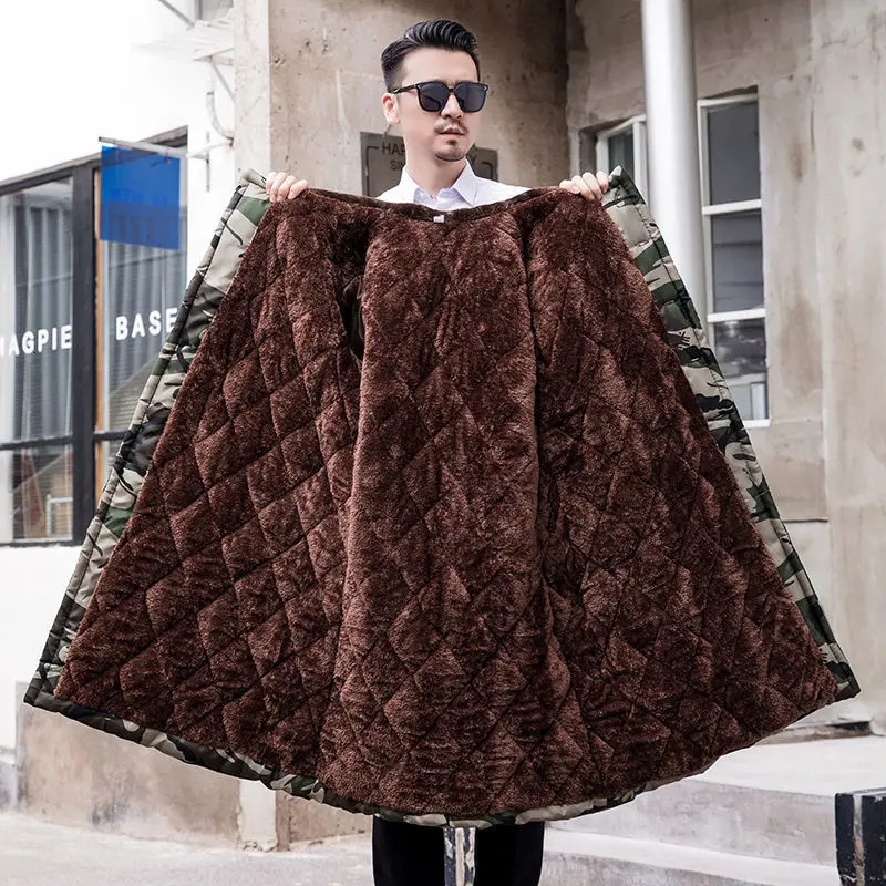 Men Winter Heavy Jacket Padding Long Overcoat Heated Hooded Fleeced Clothing Cold Proof Waterproof Labor Thick Camouflage Parkas 241010