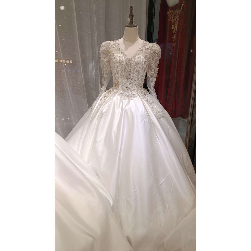 Green Collection New Design custom made V NECK LONG SLEEVES SATIN Bridal dresses