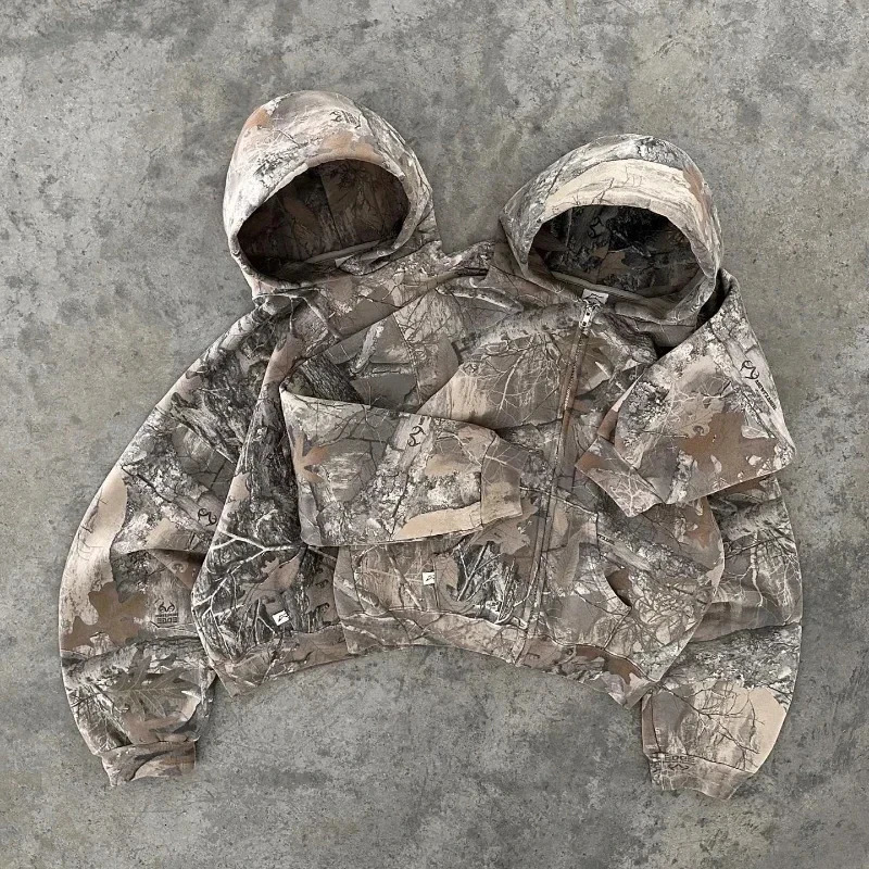 Streetwear Camo Hoodie Sweatpants Suit Y2K Mens Clothes Two Piece Set Retro Hip Hop Sweatshirt Casual Pants 241010